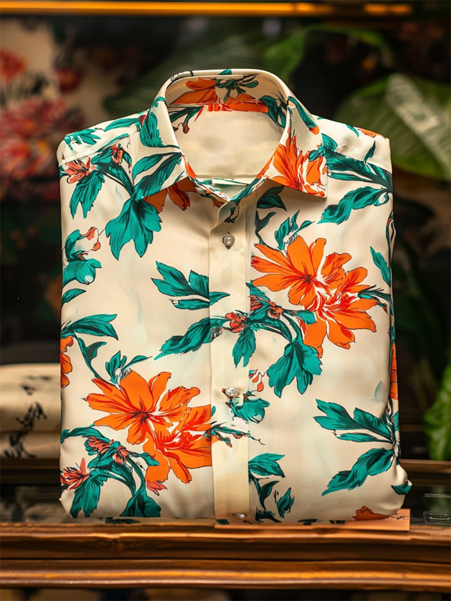 Camisa satén Luxe hawaiano estampado de manga corta Button para hombre