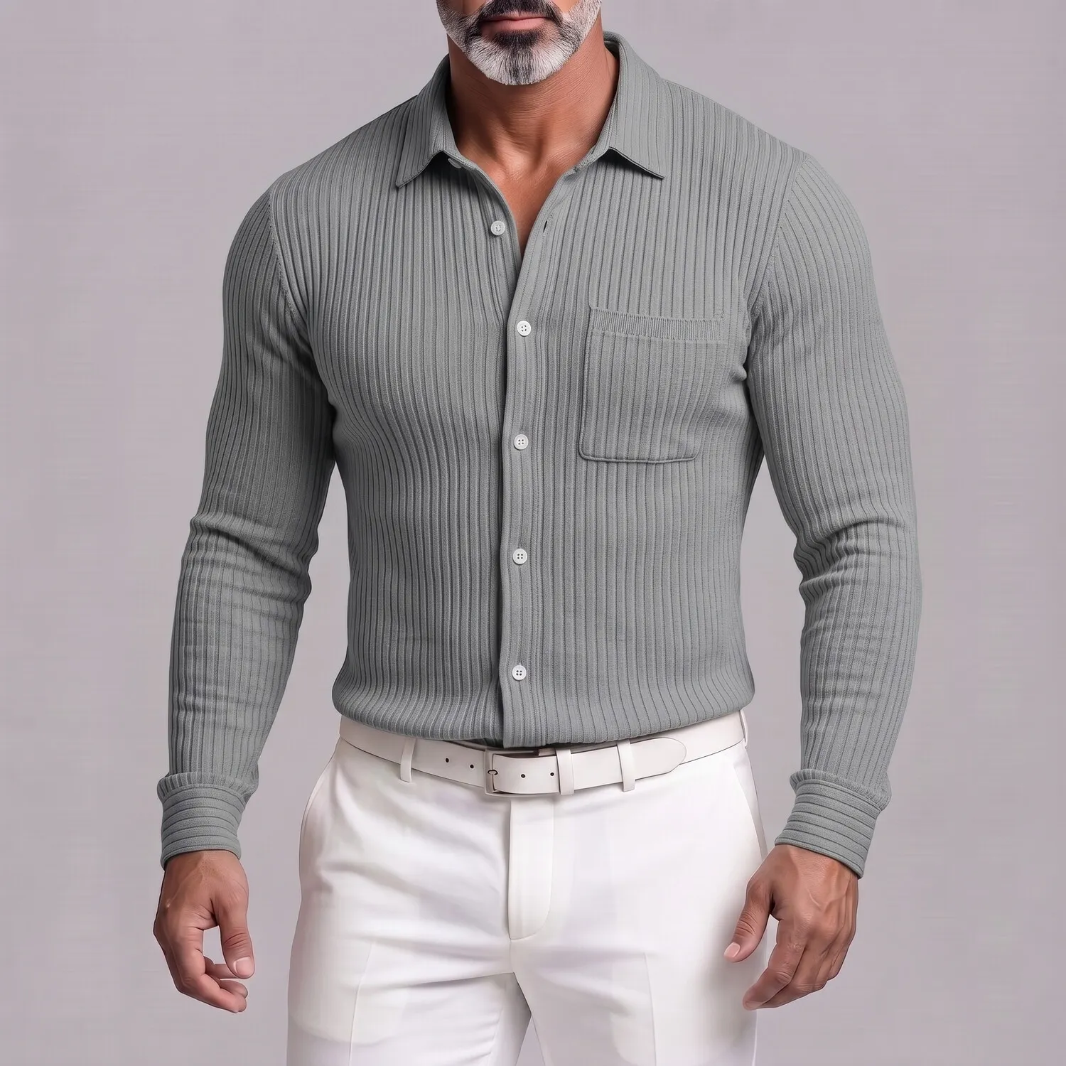 para hombre casual Ribbed tejido Single Breasted Chest Pocket de corte entallado de manga larga camisa