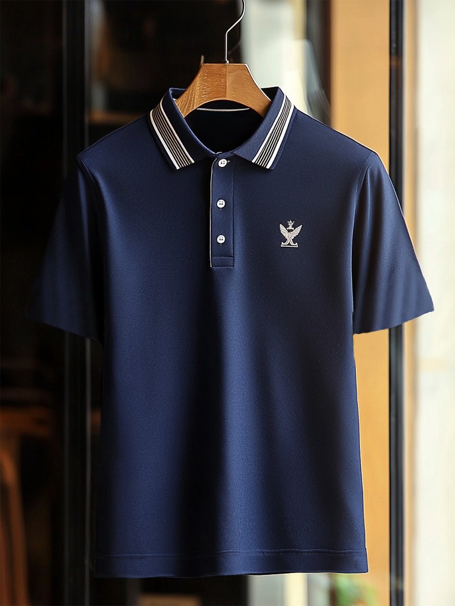 Camisa polo ejecutivo rayas Logo con botones de manga corta para hombre