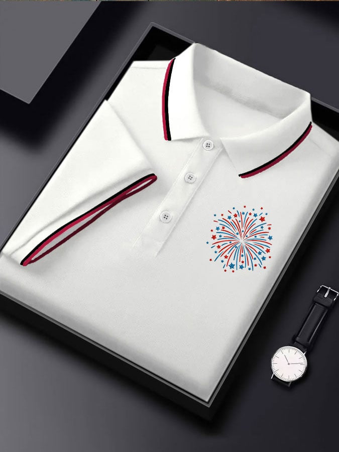 Camisa polo Independence Day retro Flag Embroidery Firepara trabajos estampado para hombre