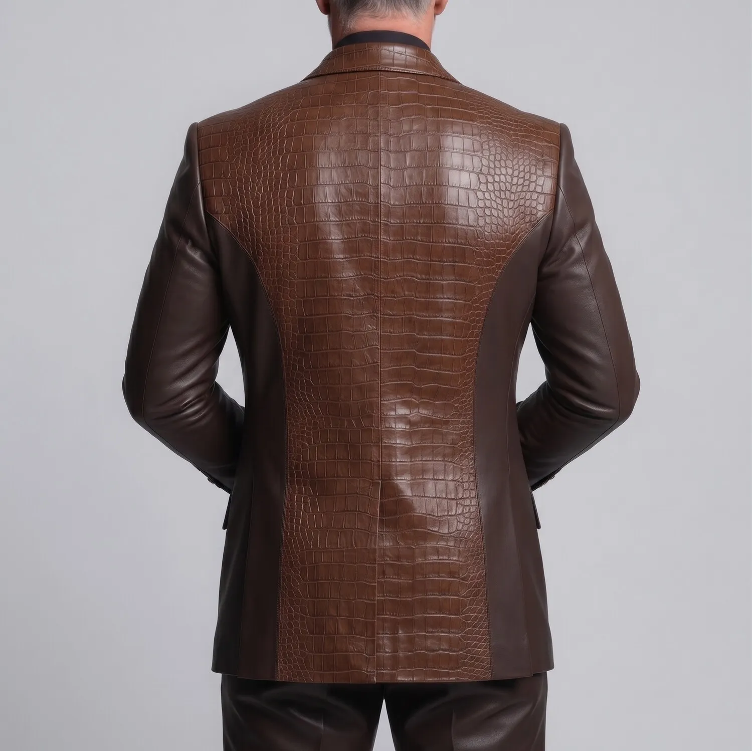 para hombre Dark Brown PU Leather Crocodile Pattern Peak Lapel Double-Breasted Two-Tone saco