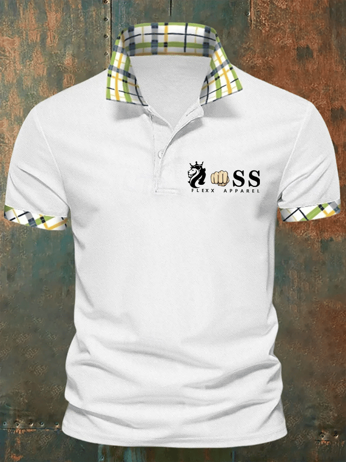 Camisa polo retro Letter Design ejecutivo Contrast solapa de manga corta para hombre