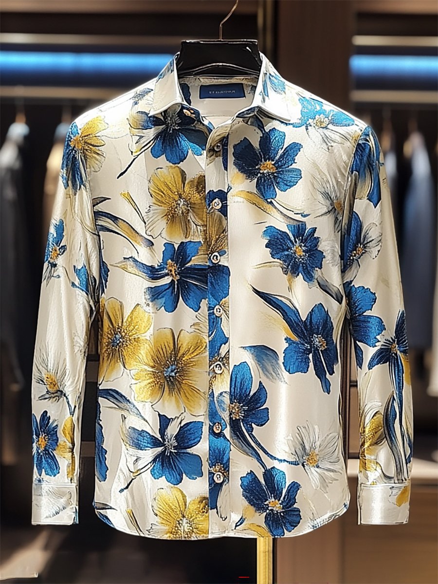 Camisa satén Luxe floral estampado de manga larga con botones para hombre