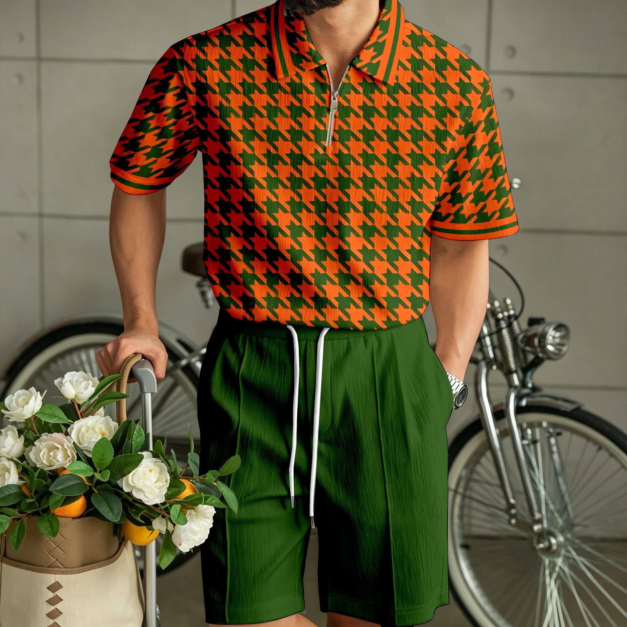 para hombre casual Wavy-Patterned Zipper camisa polo and shorts conjunto de dos piezas