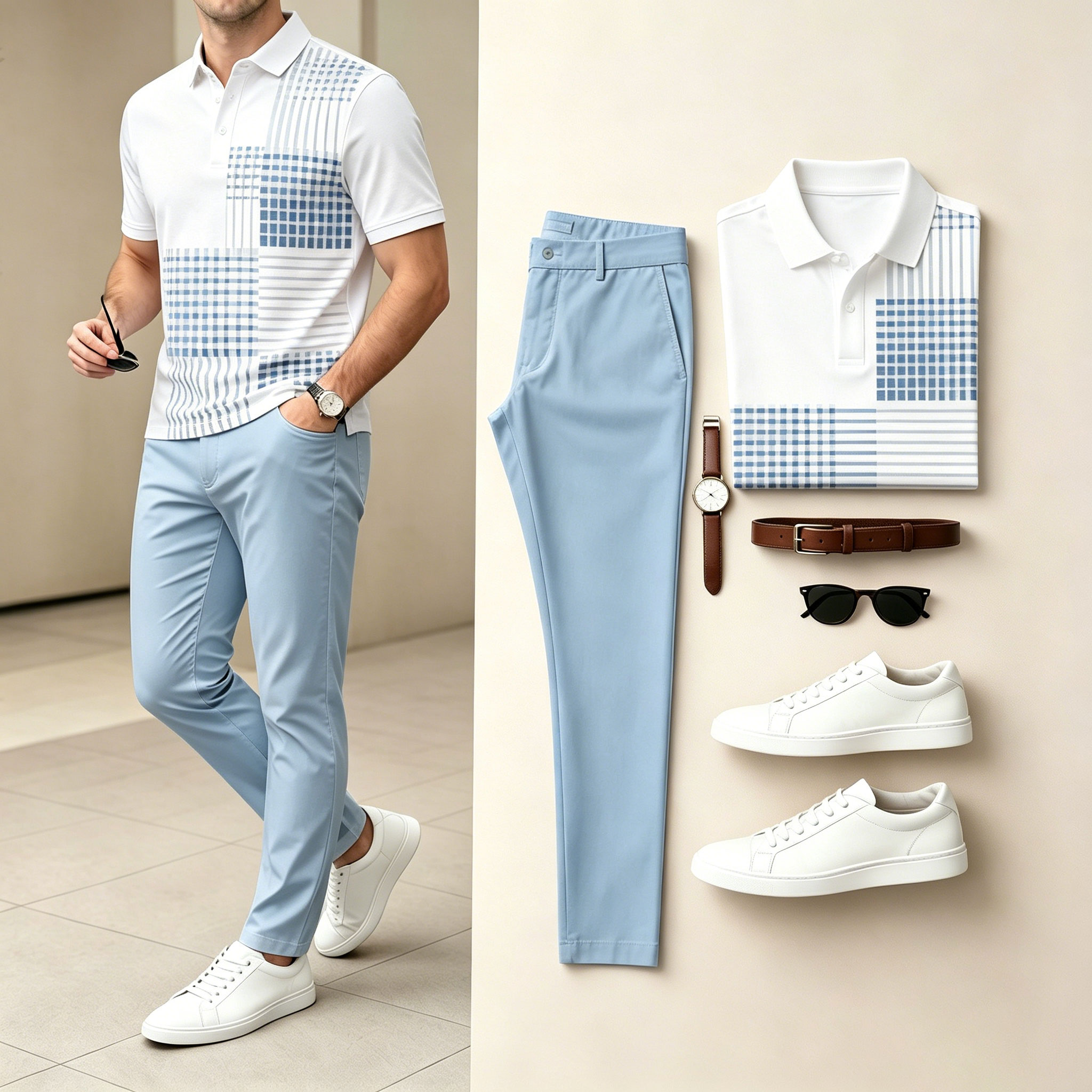 para hombre casual Blue & White Color Matching Geometric estampado de manga cortas camisa polo & pantalón conjunto de dos piezas
