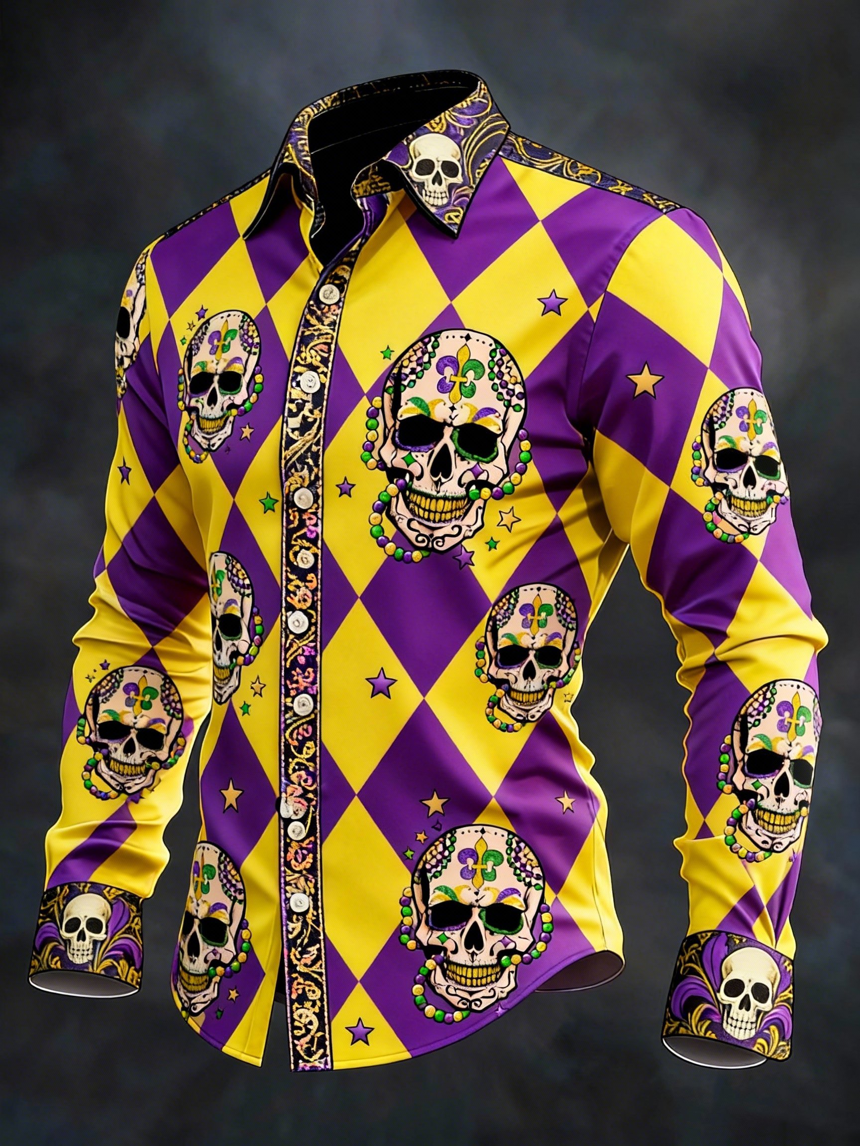 Camisa Mardi Gras Masks New Orleans Nola estampado de manga larga para hombre