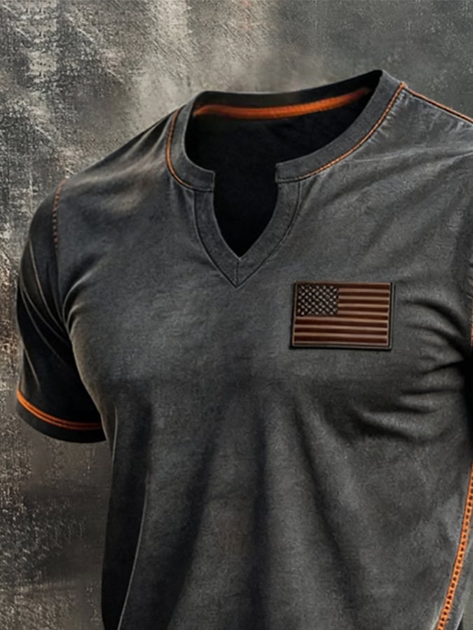 Camiseta retro Independence Day Patriotic Pure de algodón V-Neck de manga corta para hombre
