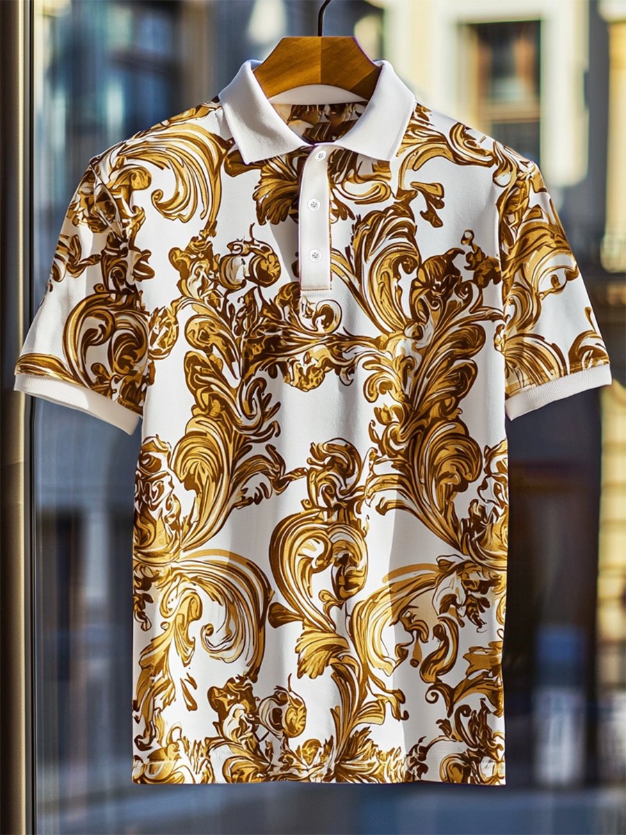 Camisa polo ejecutivo casual Baroque Art Button de manga corta para hombre