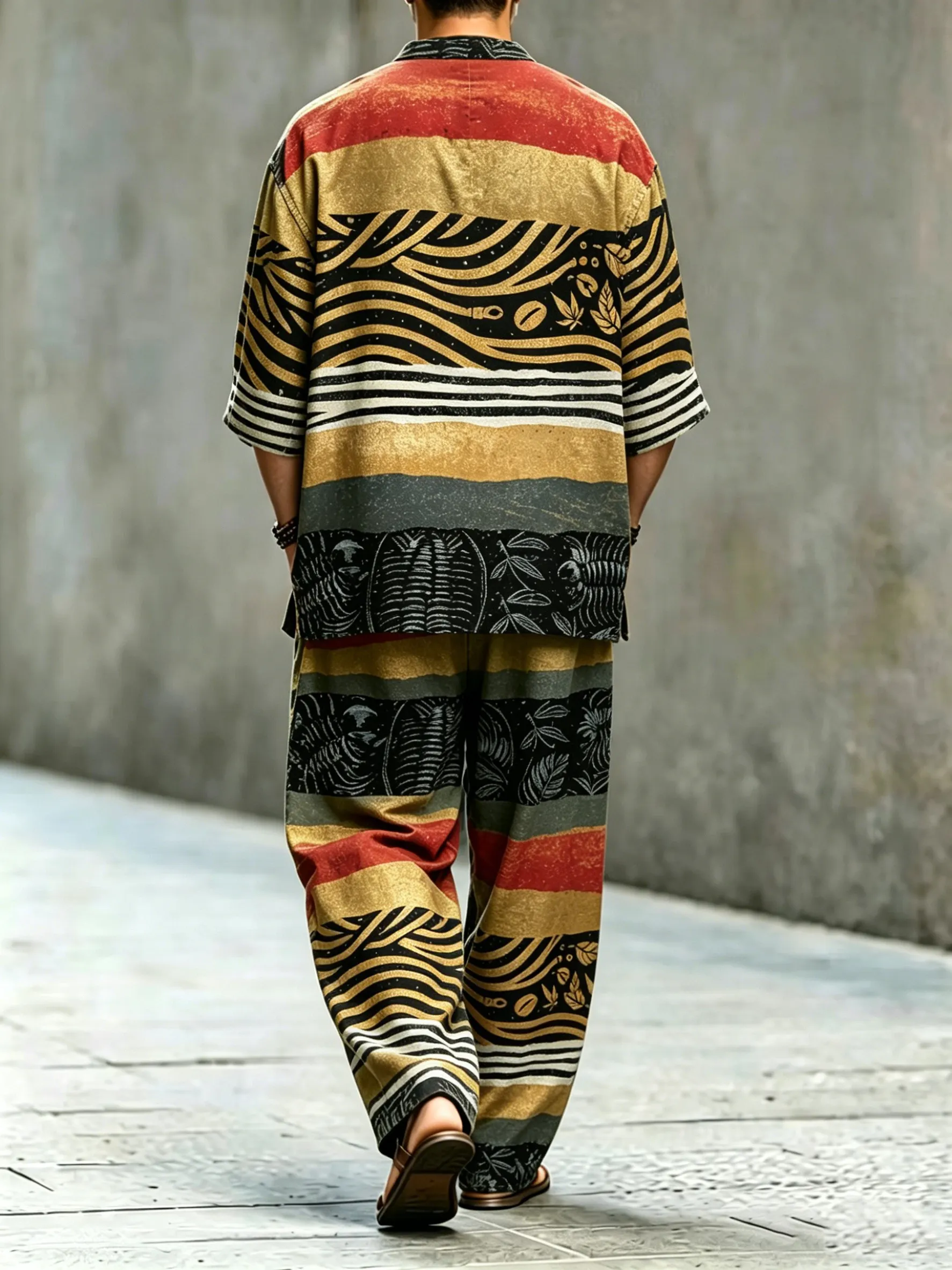 para hombre vintage Abstract Art estampado de algodón camisa Set (Top & pantalón)