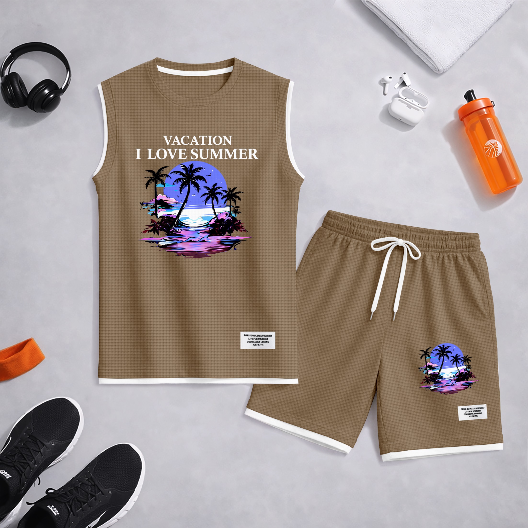 Shorts Tropical Beach Graphic estampado Summer Set Sleeveless Tank Top & Matching Outfit, Vacation Island estampado Lightweight casual Streetwear Set for Everyday & Holiday para hombre