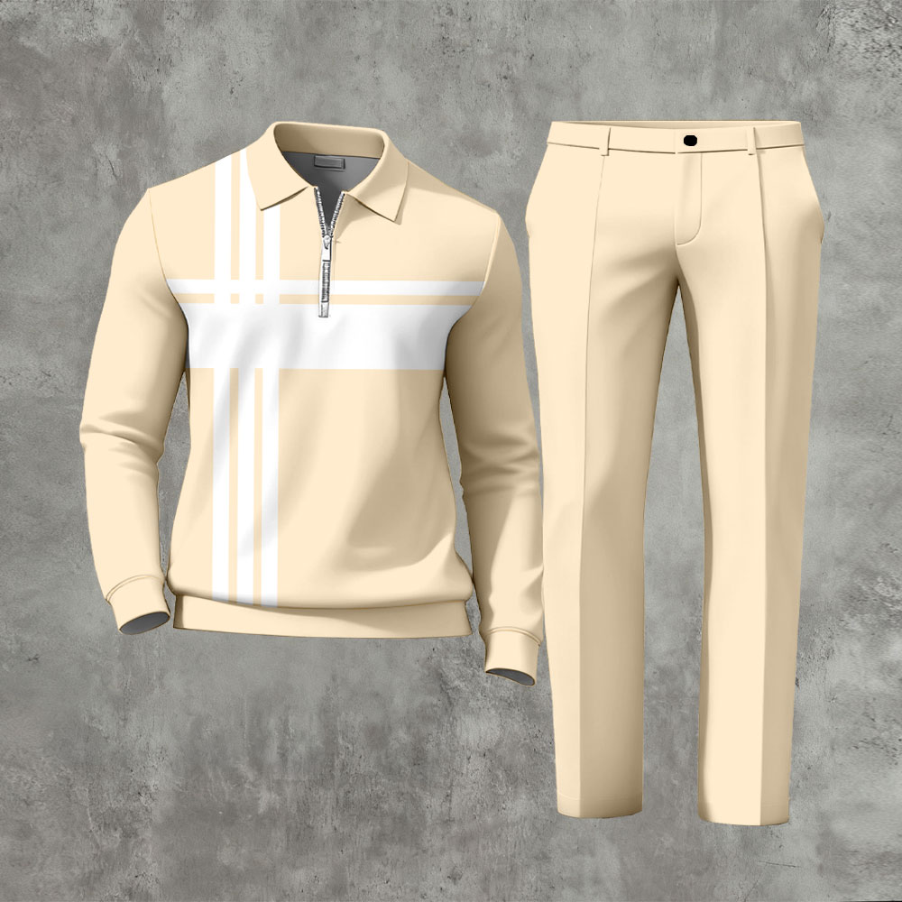 Conjunto de dos piezas casual Apricot-Yellow Geometric estampado de manga larga And pantalón para hombre