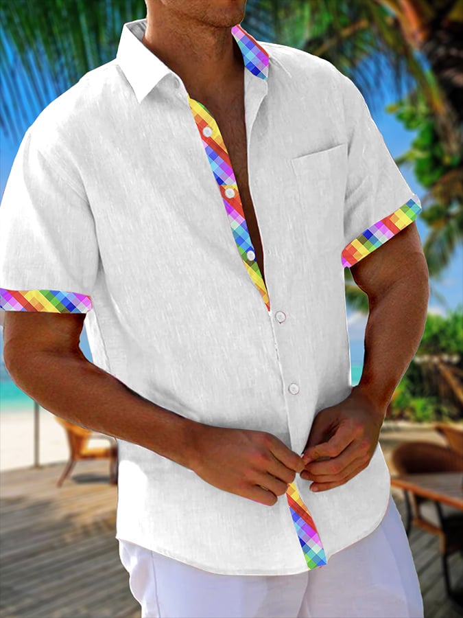 Camisa Resort Style Contrast estampado casual de manga corta para hombre