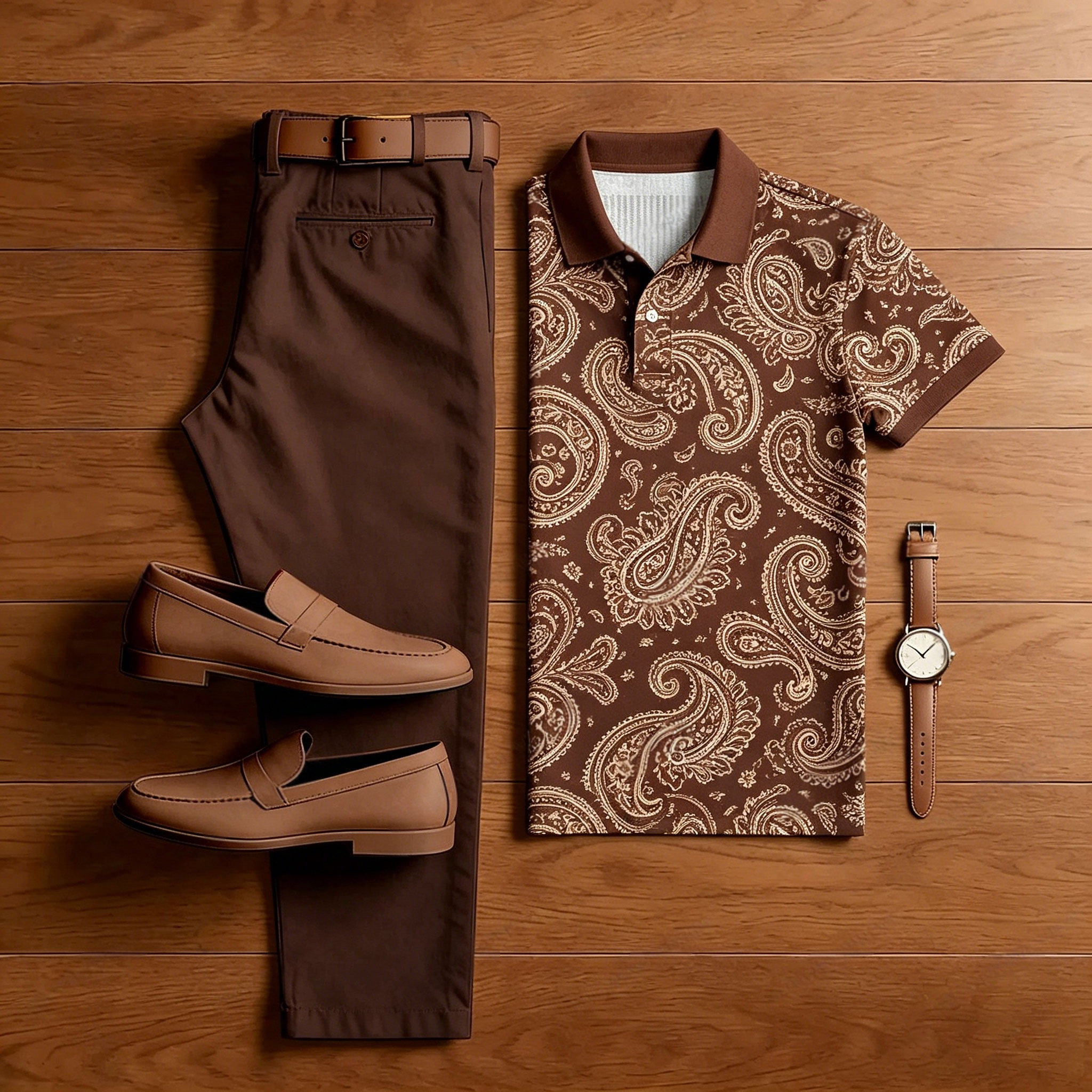 Conjunto de dos piezas casual Dark Brown estampado camisa polo And pantalón para hombre