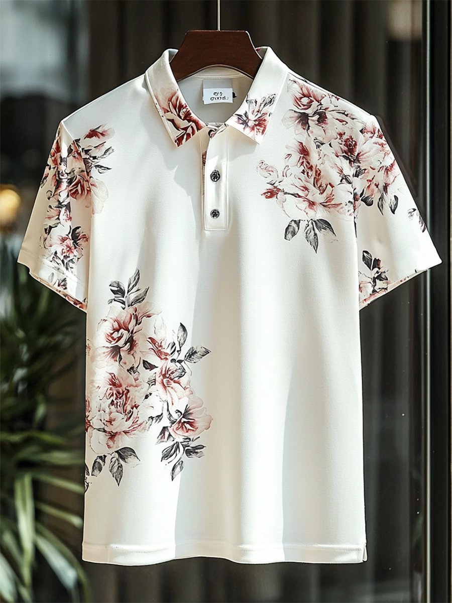 Camisa polo casual Festive floral estampado Button de manga corta para hombre