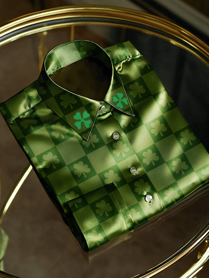 Camisa satén Party St. Patrick estampado de manga larga solapa para hombre