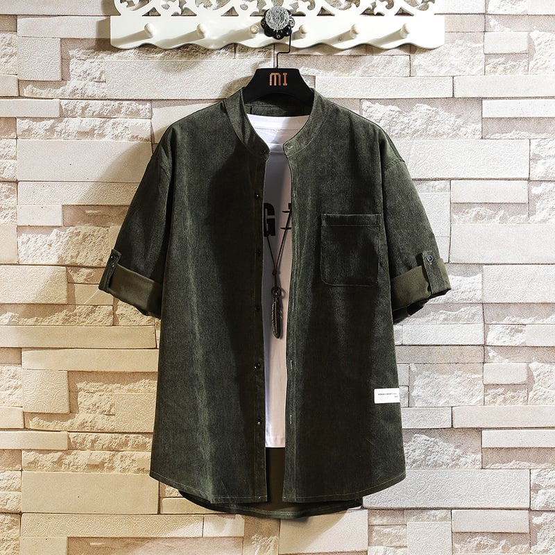 Camisa pana Middle Sleeve Thickened retro de color sólido para hombre