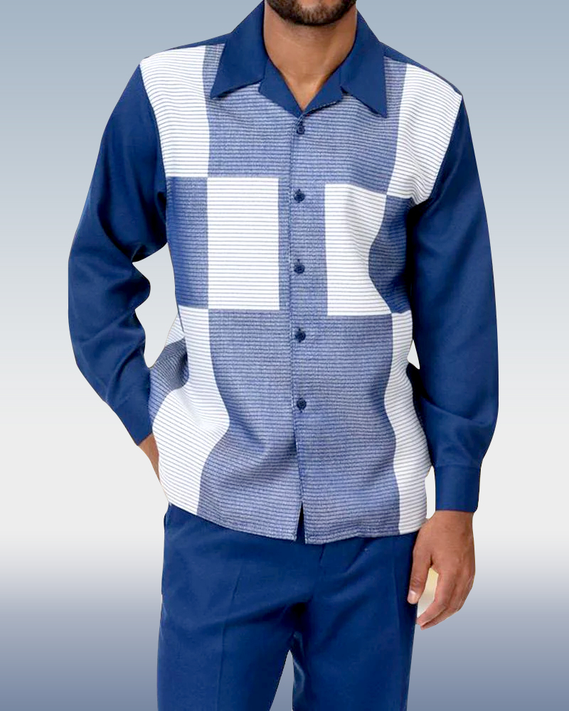 De manga larga Trousers Blue Suede Two-Piece Walking Set