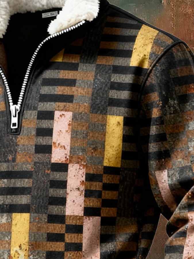 Sudadera retro en bloques de color estampado casual Fur cuello para hombre