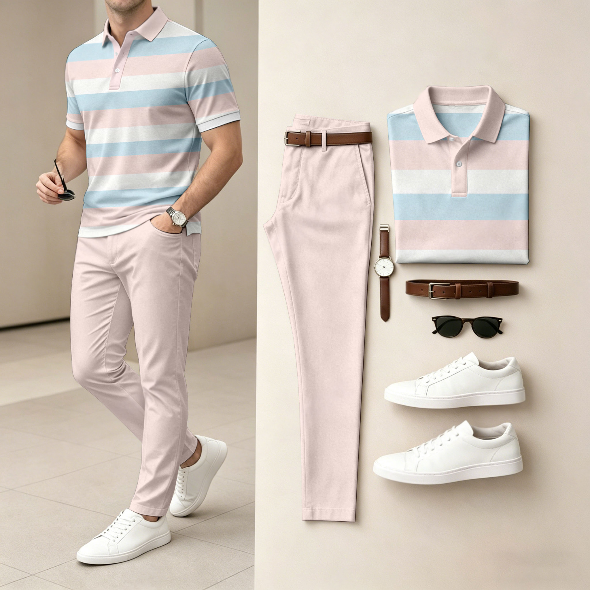 Camisa polo casual a rayas Color-Block estampado de manga corta And pantalón Set (Excludes Accessories Such As Watches And Belts) para hombre