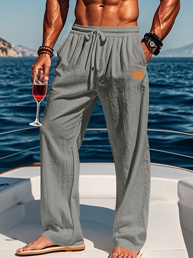 Pantalón Drawstring Elastic Waist Straight de color sólido Comfortable And transpirable para exterior Vacation Beach Vacation casual para hombre