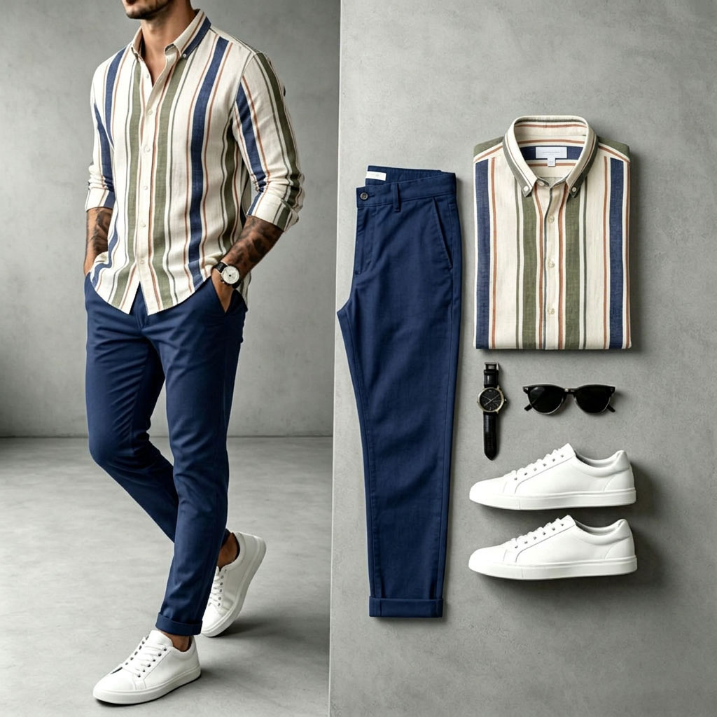 Camisa a rayas de manga larga and pantalón Set para hombre