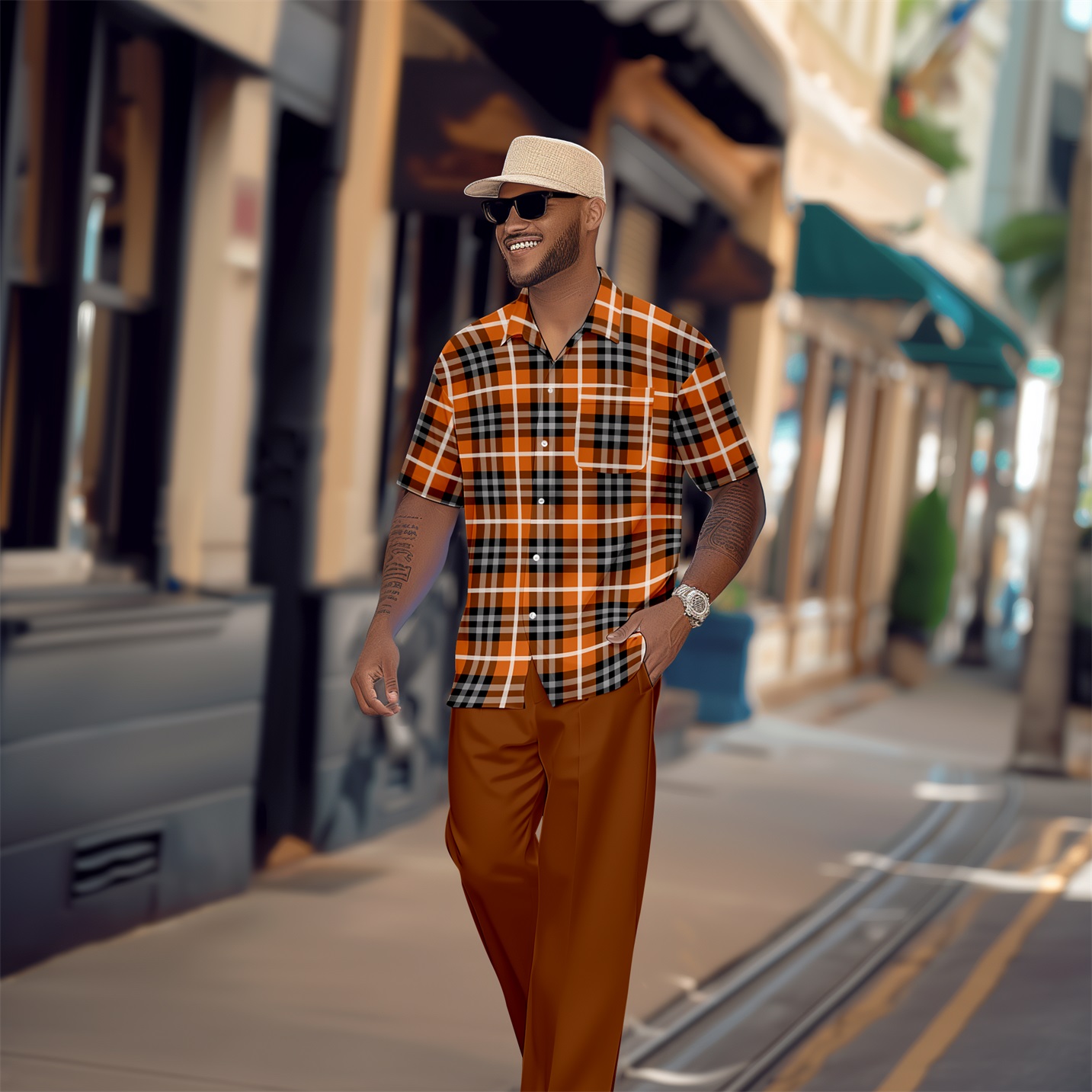 Camisa retro a cuadros Colorblock de manga corta Walking Suit 1650 para hombre