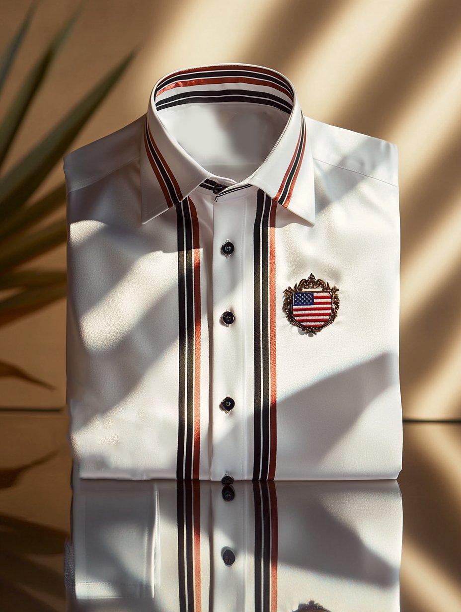 Camisa satén Independence Day ejecutivo rayas casual de manga corta Button para hombre