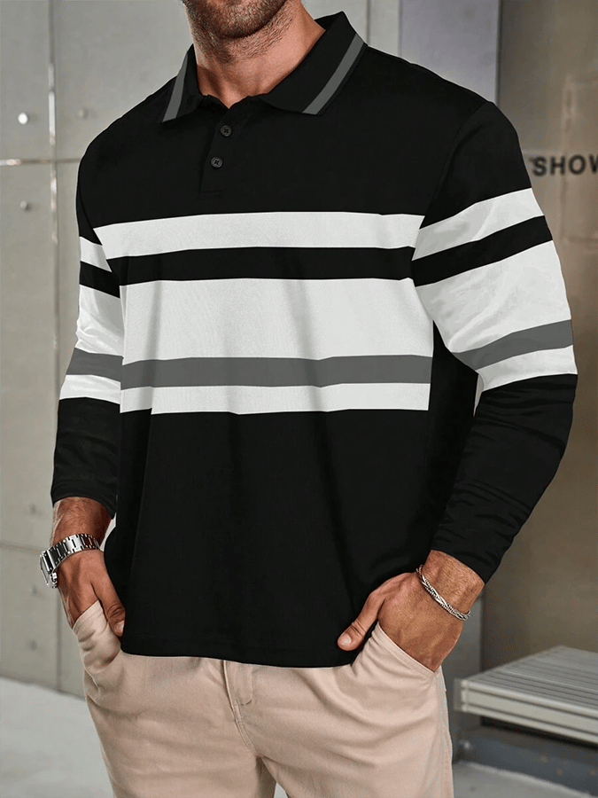 Camisa polo a rayas ejecutivo casual de manga larga para hombre