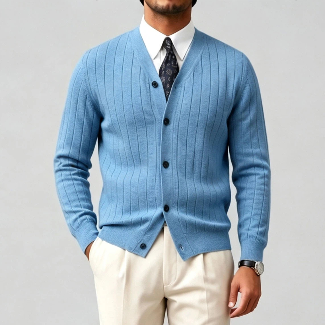 Casual V-Neck con botones Sweater, de color sólido para hombre