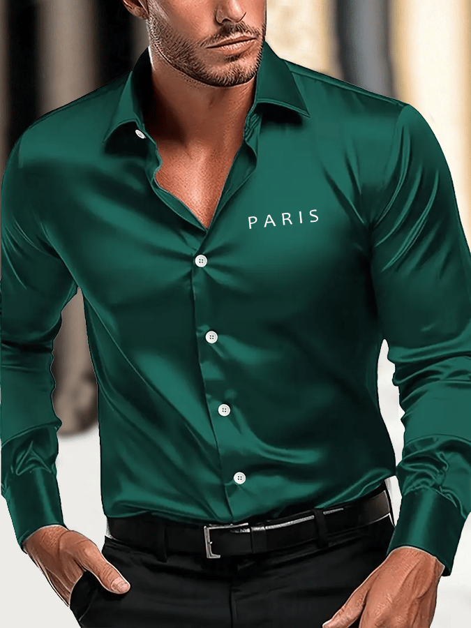 Camisa vintage ejecutivo casual estampado satén de manga larga para hombre