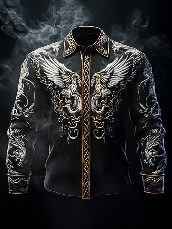 Camisa vintage Viking estampado de manga larga para hombre