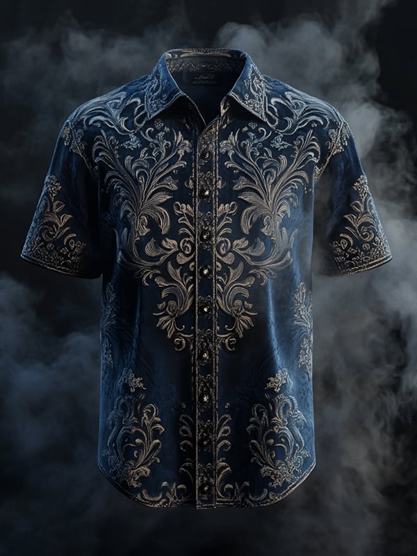 Camisa vintage Dark Baroque estampado de manga corta para hombre