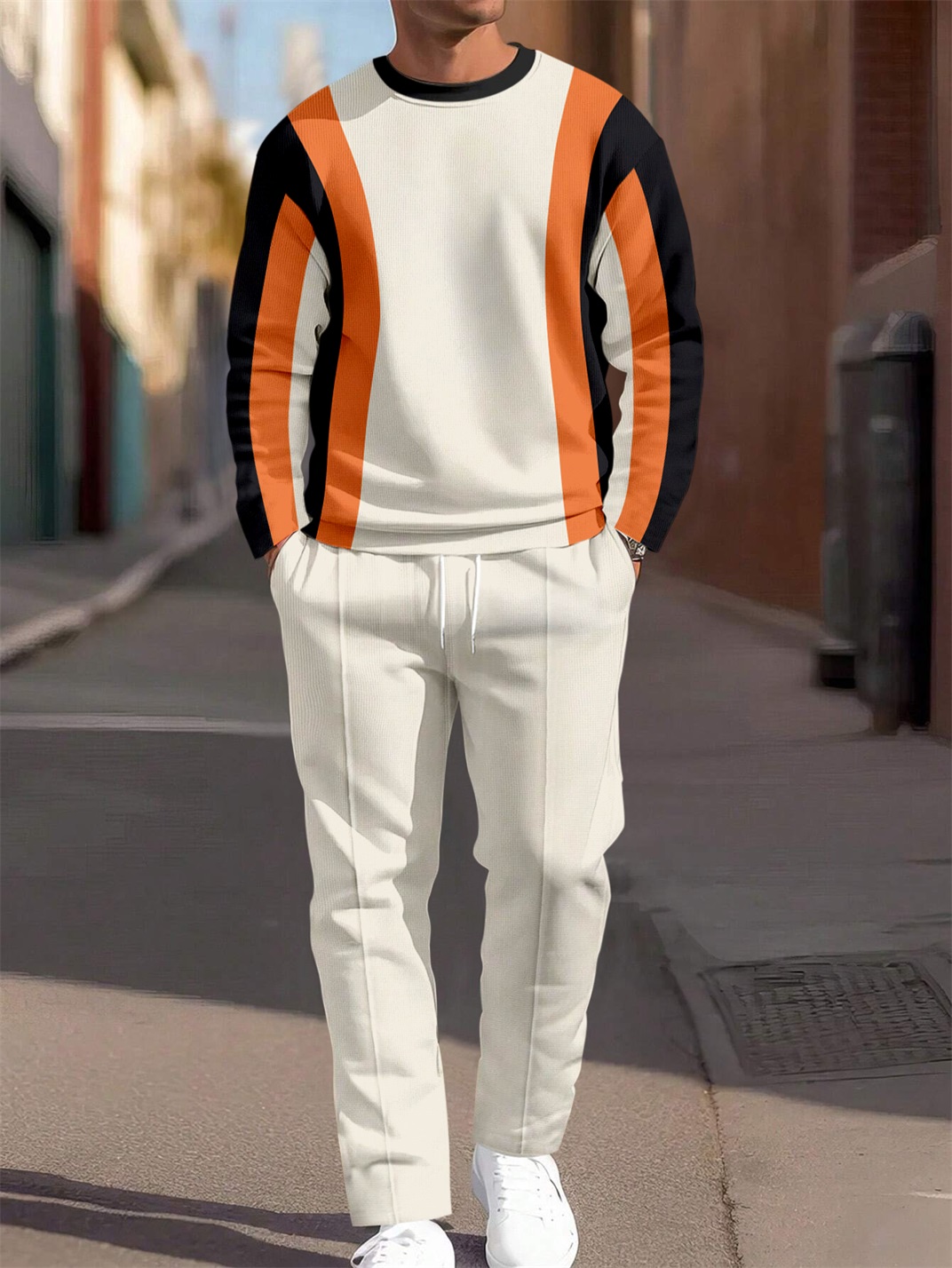 Simple Colorblock Round Neck casual Sports Set 054 para hombre