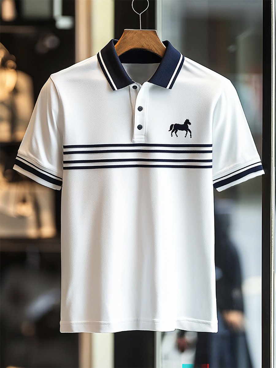 Camisa polo ejecutivo rayas Logo con botones de manga corta para hombre