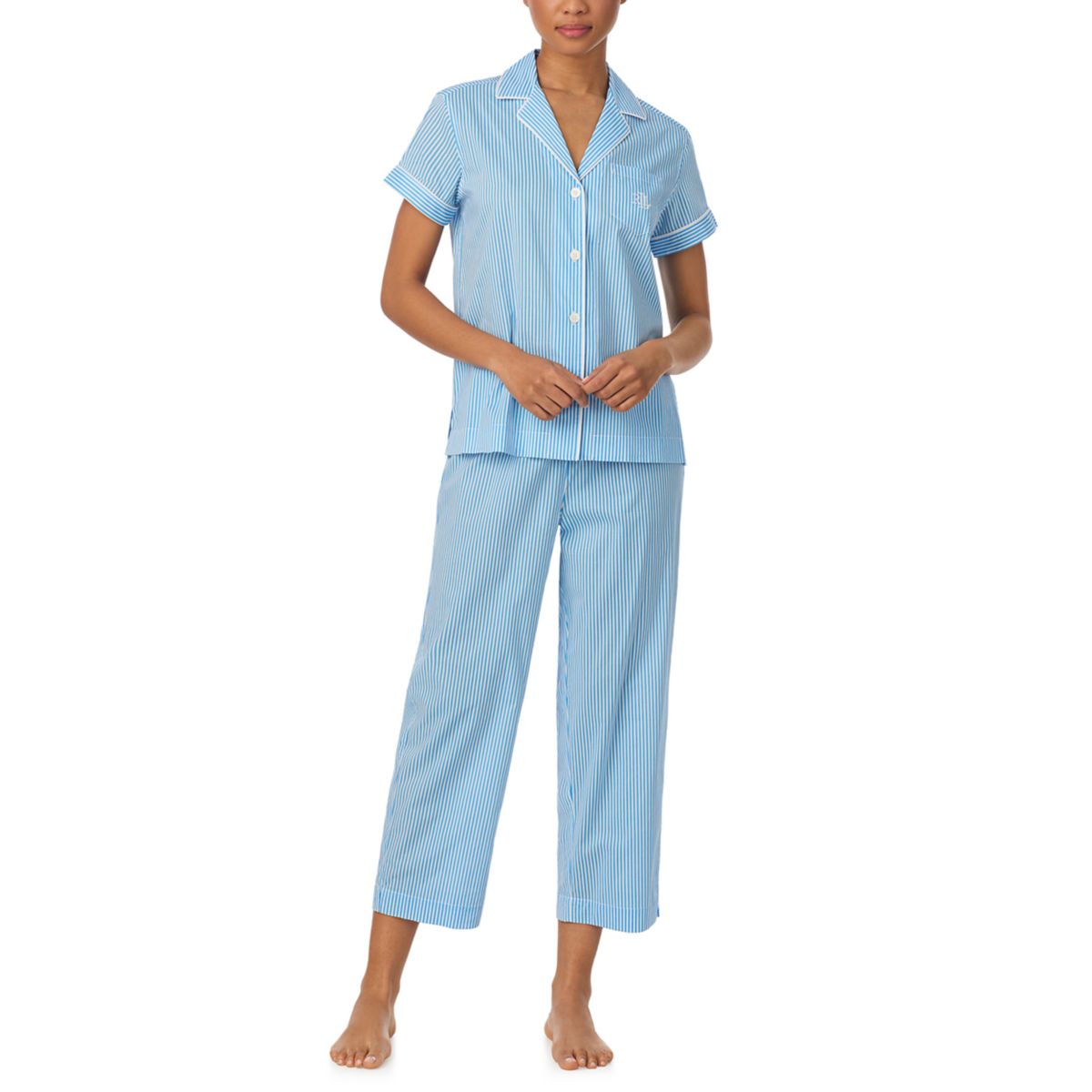Women's Short Sleeve Notch Collar Cropped Pants Pajama Set - 3