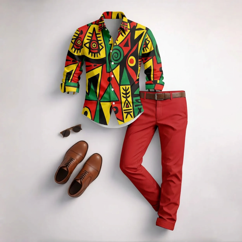 Conjunto de dos piezas casual Yellow & Green estampado de manga larga camisa And Trousers para hombre