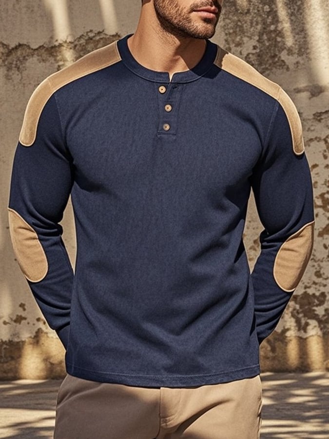 Camisa casual retro casual Colorblock de manga larga Henley para hombre