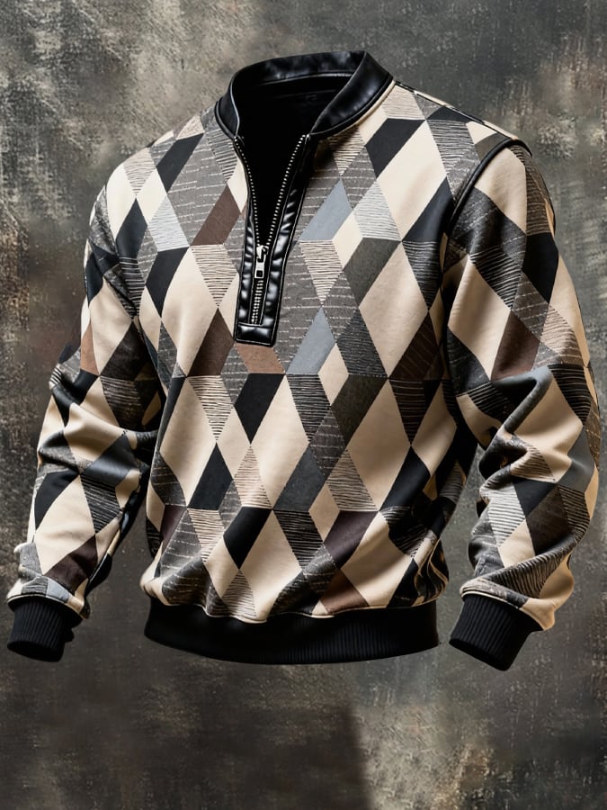 Sudadera vintage Color-Block estampado con cierre con gorrasucha para hombre