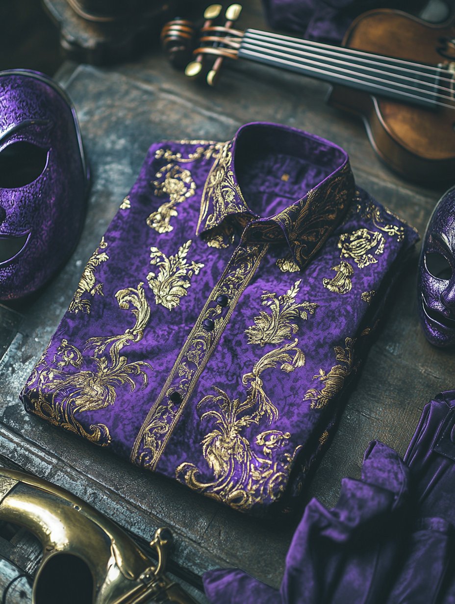 Camisa Purple Mardi Gras Theme de lujo de manga larga para hombre