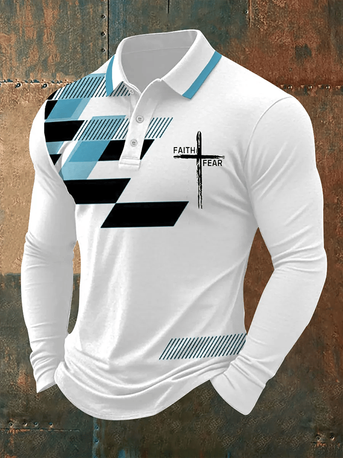 Camisa polo vintage Faith“Faith Over Fear” estampado casual de manga larga para hombre