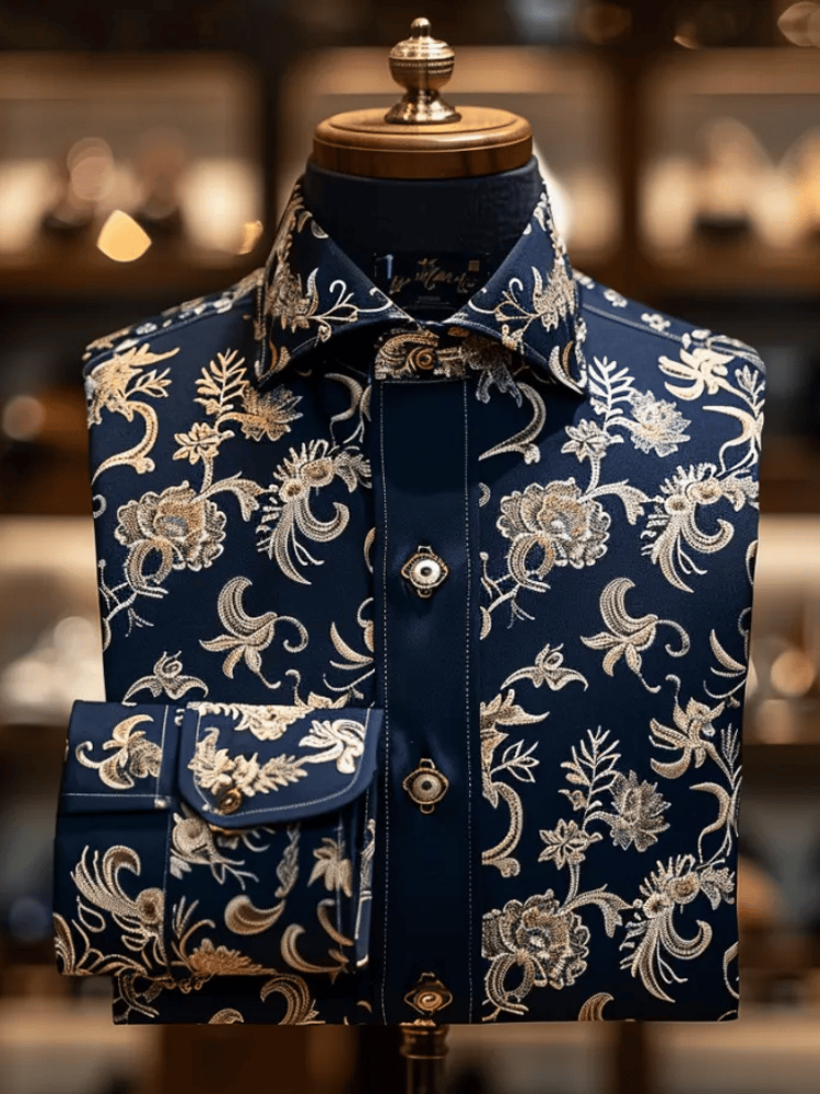 Camisa de lujo Romantic Contrast Color estampado de manga larga para hombre