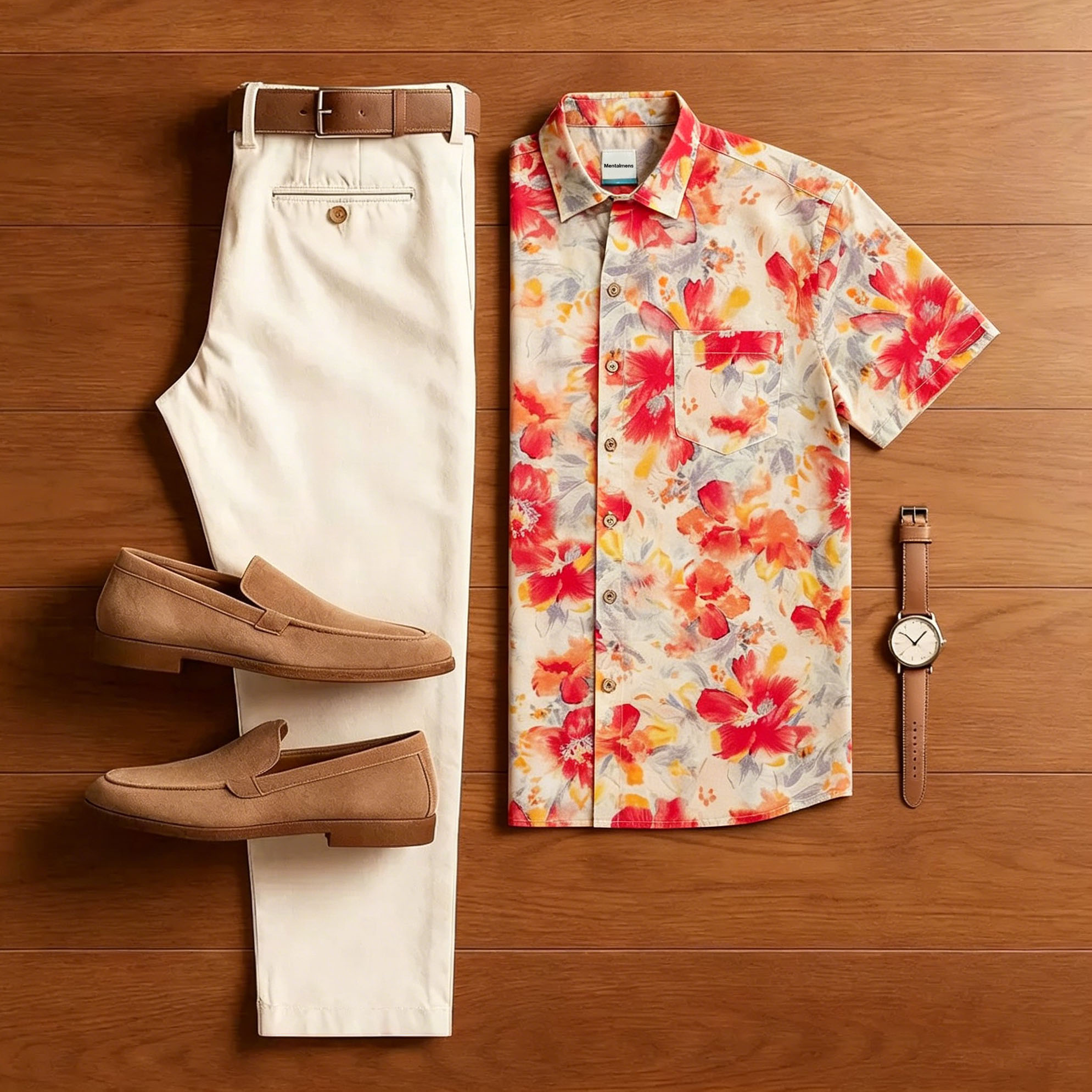 Watercolor Red floral Men Shorcamiseta Trousers Suit