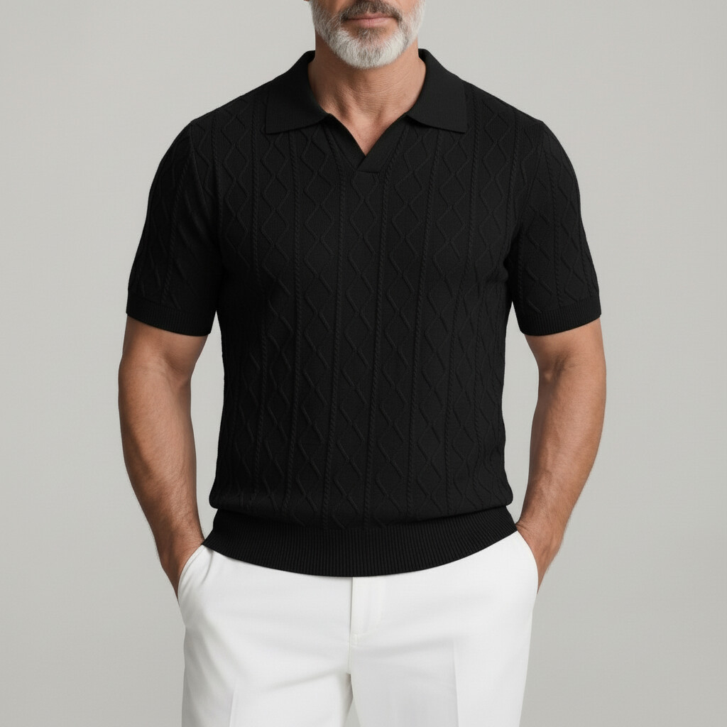 Camisa polo casual Geometric Textured de color sólido de corte entallado de manga corta para hombre