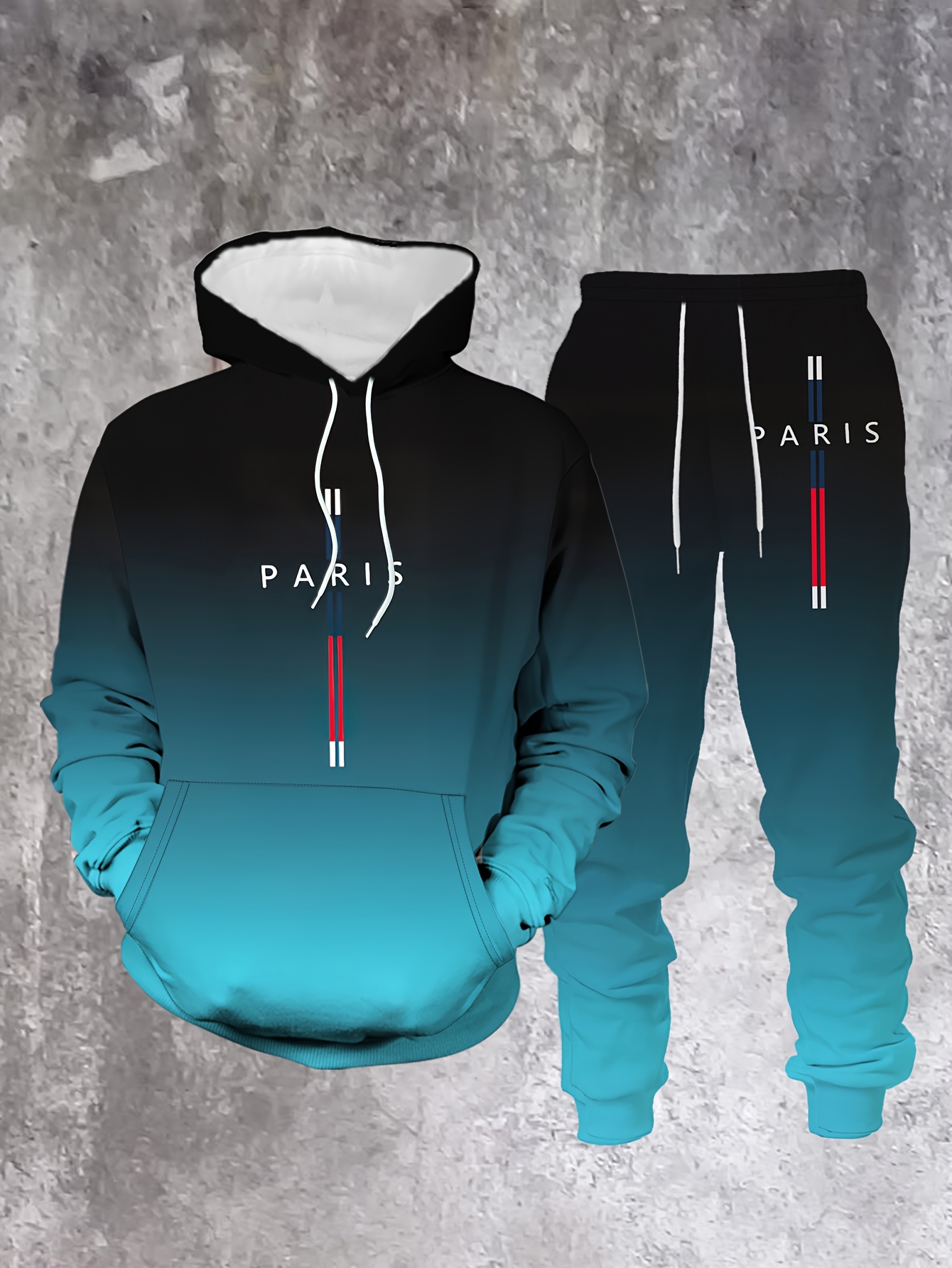 Conjunto de dos piezas casual Black & Blue Gradient Color Matching sudadera con capuchas de manga larga sudaderas & Sweatpantalón para hombre