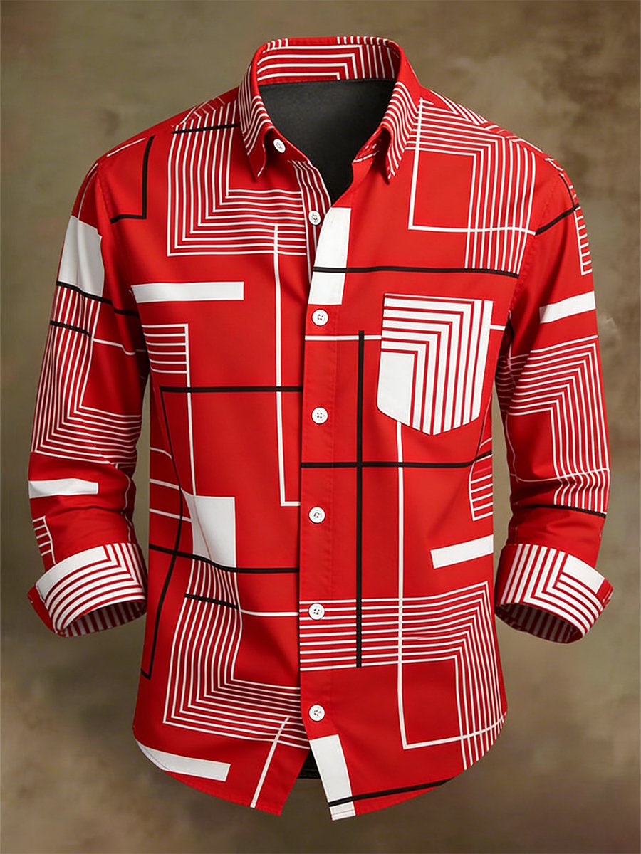 Camisa retro ejecutivo Bag House Geometric de manga larga para hombre