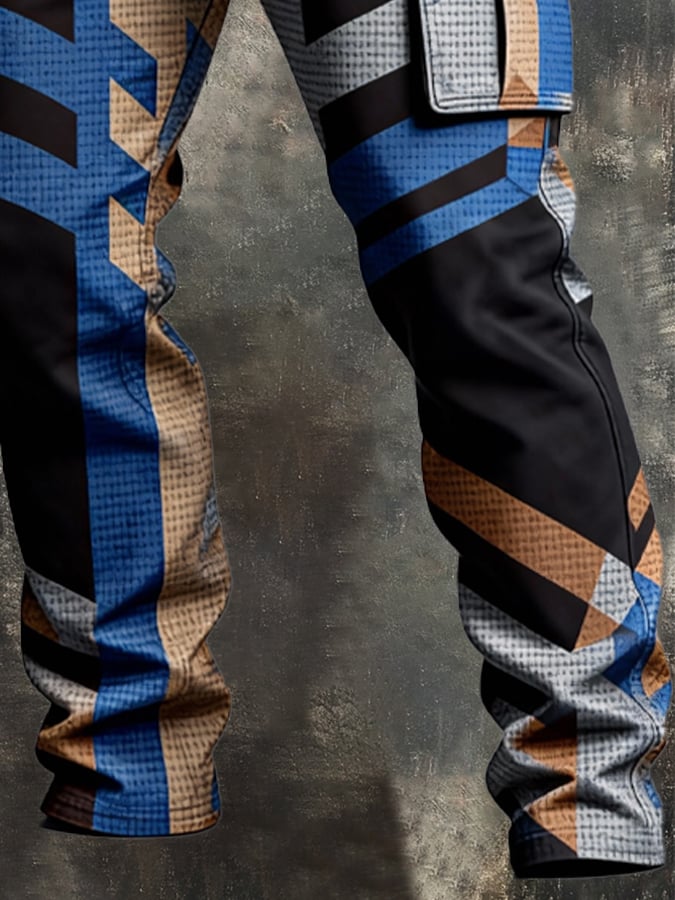 Pantalón retro en bloques de color desgastado bolsillo Cargo para hombre