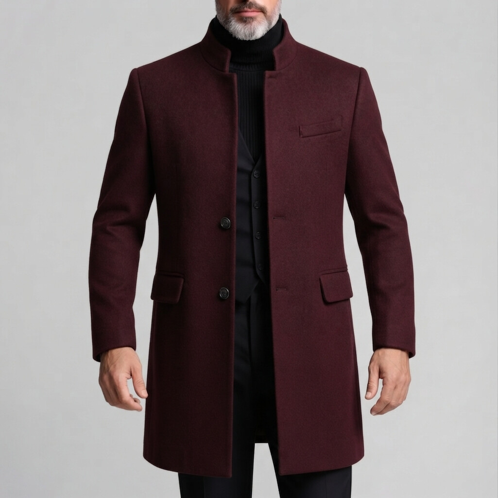 para hombre Smart casual Solid Stand Collar Single Breasted de manga larga Mid Length Woolen Coat
