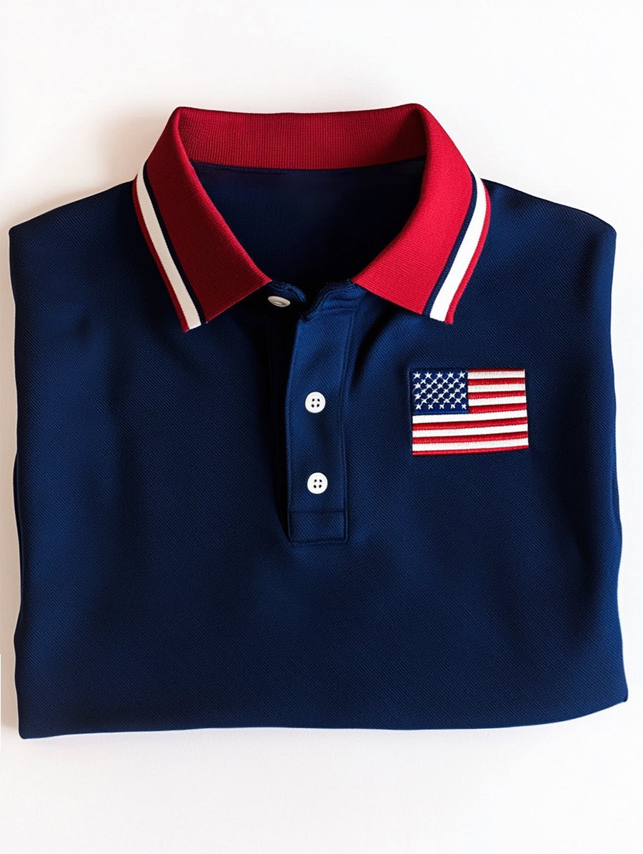 Camisa polo ejecutivo casual Independence Day a rayas Button de manga corta para hombre