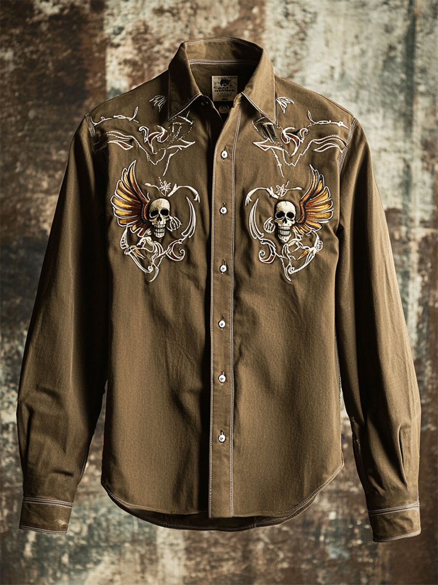 Camisa retro casual Skull estampado de manga larga para hombre
