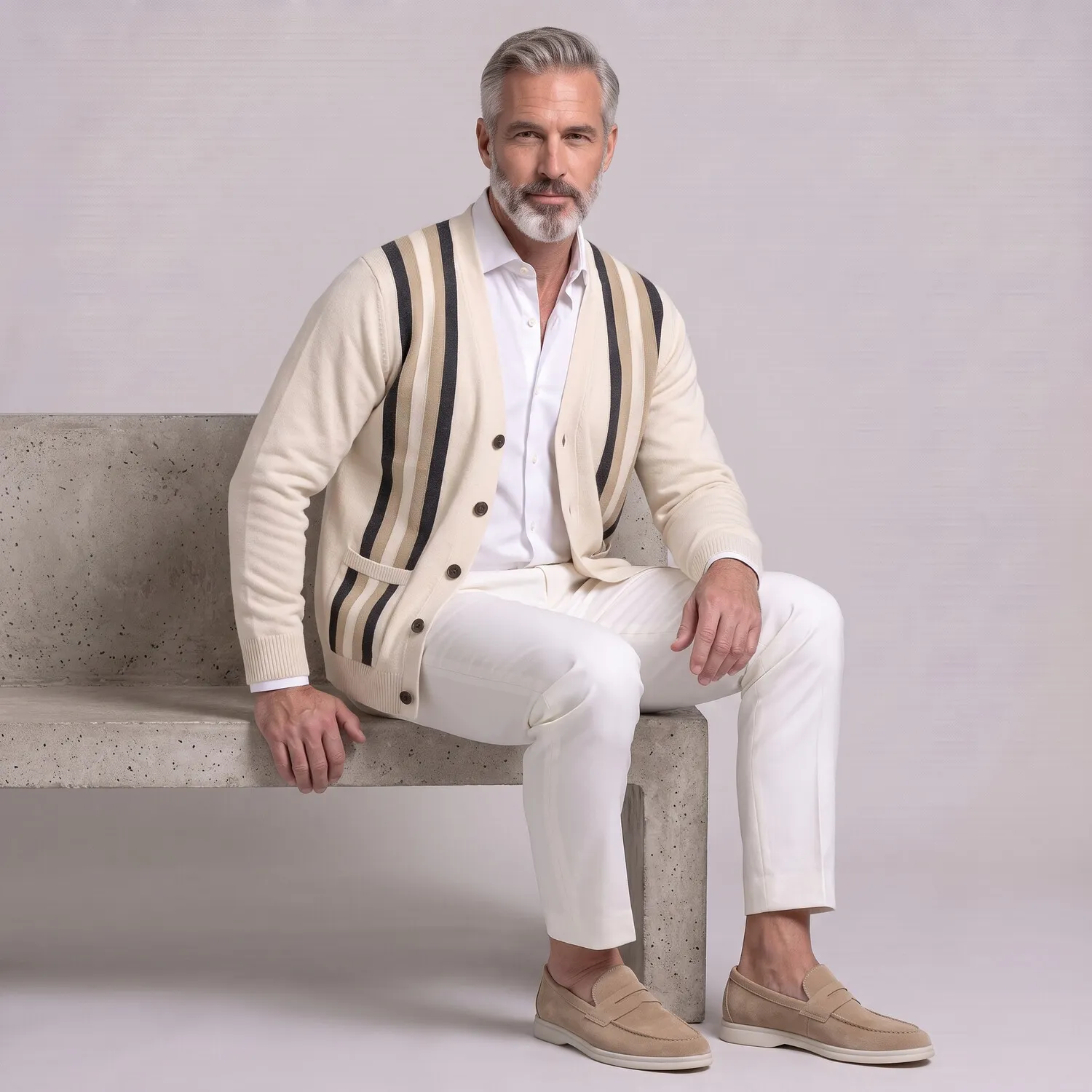 para hombre clásico Contrast a rayas V Neck Single Breasted Patch Pockets tejidoted Cardigan
